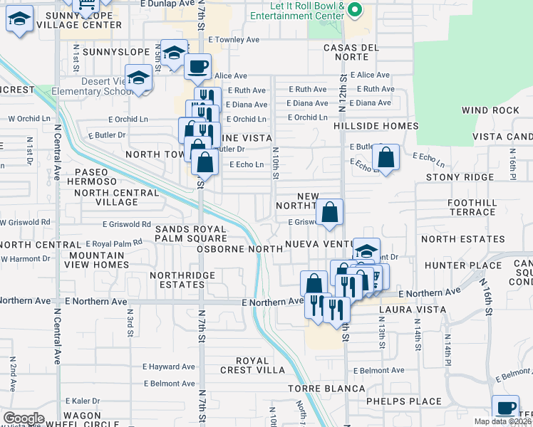 map of restaurants, bars, coffee shops, grocery stores, and more near 8202 North 9th Street in Phoenix