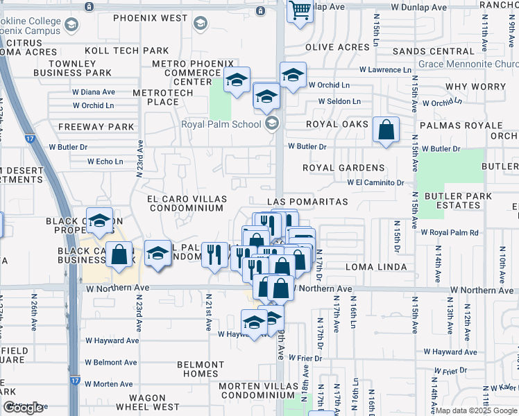map of restaurants, bars, coffee shops, grocery stores, and more near 1998 West Las Palmaritas Drive in Phoenix