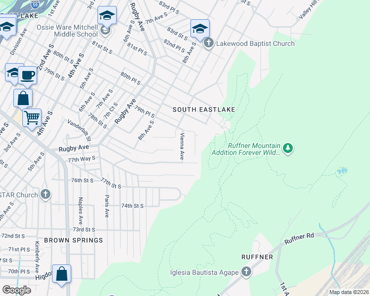map of restaurants, bars, coffee shops, grocery stores, and more near 901 Vanderbilt Street in Birmingham