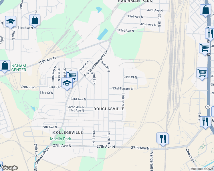 map of restaurants, bars, coffee shops, grocery stores, and more near 3329 33rd Place North in Birmingham