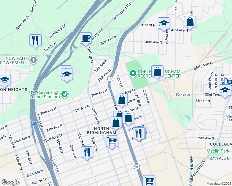 map of restaurants, bars, coffee shops, grocery stores, and more near 2620 35th Avenue North in Birmingham