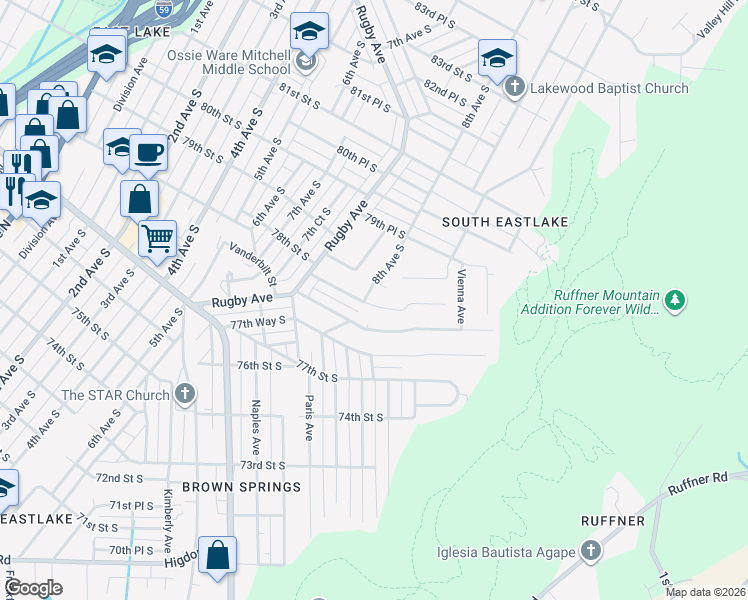 map of restaurants, bars, coffee shops, grocery stores, and more near 805 Vanderbilt Street in Birmingham