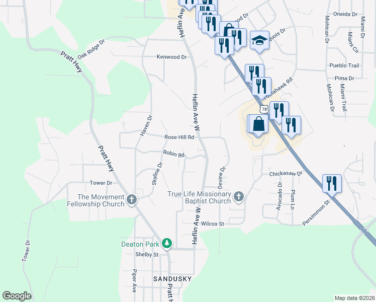 map of restaurants, bars, coffee shops, grocery stores, and more near 417 Robin Road in Birmingham