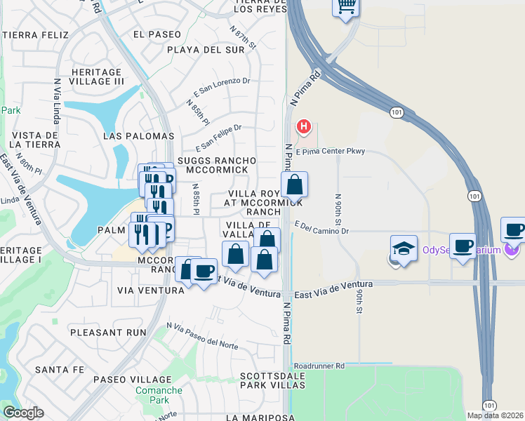 map of restaurants, bars, coffee shops, grocery stores, and more near 8651 East Royal Palm Road in Scottsdale