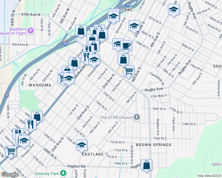 map of restaurants, bars, coffee shops, grocery stores, and more near 7432 3rd Avenue South in Birmingham