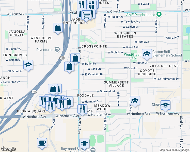 map of restaurants, bars, coffee shops, grocery stores, and more near 8939 West Echo Lane in Peoria