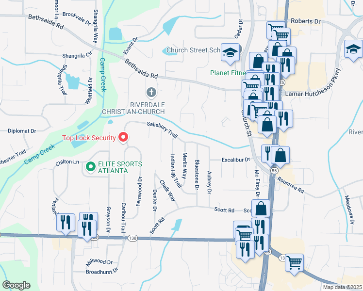 map of restaurants, bars, coffee shops, grocery stores, and more near 7259 Merlin Way in Riverdale