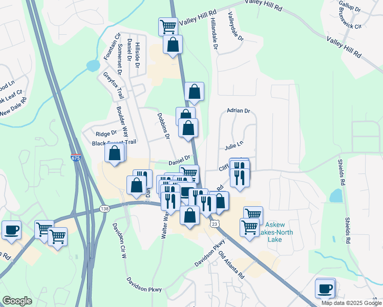 map of restaurants, bars, coffee shops, grocery stores, and more near 5701 North Henry Boulevard in Stockbridge