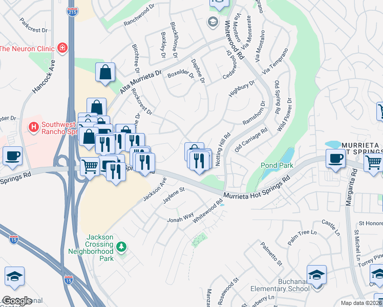 map of restaurants, bars, coffee shops, grocery stores, and more near 39984 Milos Court in Murrieta