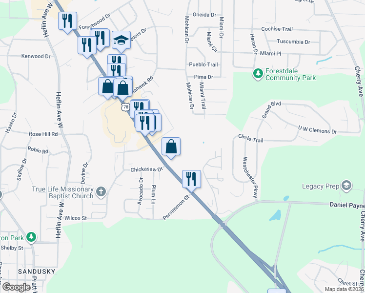 map of restaurants, bars, coffee shops, grocery stores, and more near 245 Allegheny Drive in Birmingham