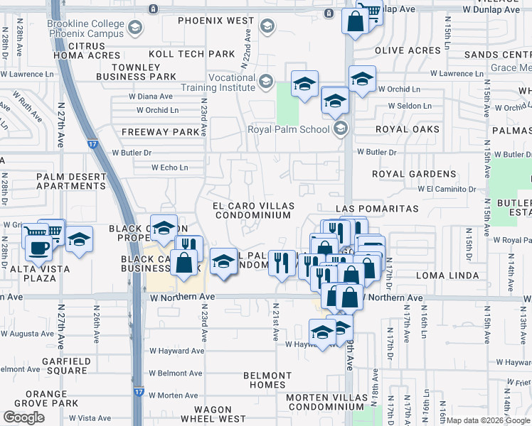 map of restaurants, bars, coffee shops, grocery stores, and more near 8231 North 21st Drive in Phoenix