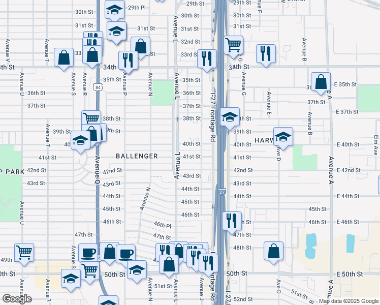 map of restaurants, bars, coffee shops, grocery stores, and more near 1100-1110 40th Street in Lubbock