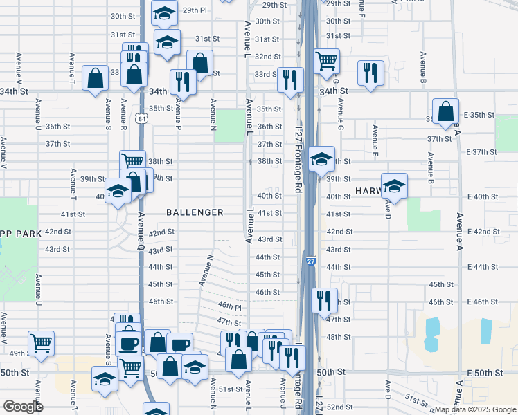 map of restaurants, bars, coffee shops, grocery stores, and more near 1117 40th Street in Lubbock