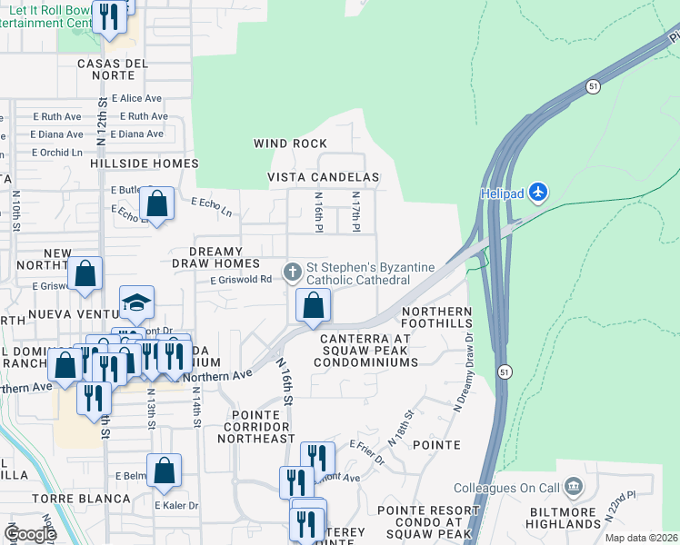 map of restaurants, bars, coffee shops, grocery stores, and more near 1670 East El Camino Drive in Phoenix