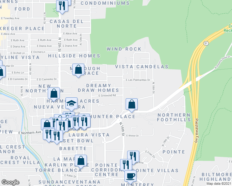 map of restaurants, bars, coffee shops, grocery stores, and more near 1540 East El Camino Drive in Phoenix