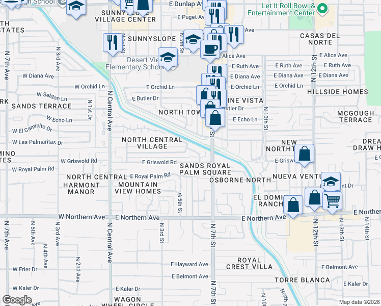 map of restaurants, bars, coffee shops, grocery stores, and more near 514 East El Camino Drive in Phoenix