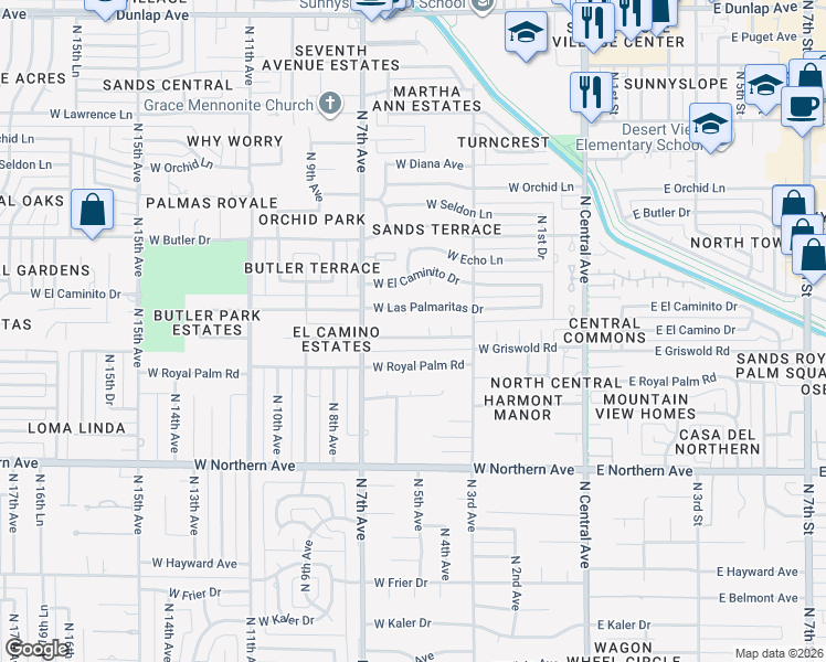 map of restaurants, bars, coffee shops, grocery stores, and more near 339 West Las Palmaritas Drive in Phoenix