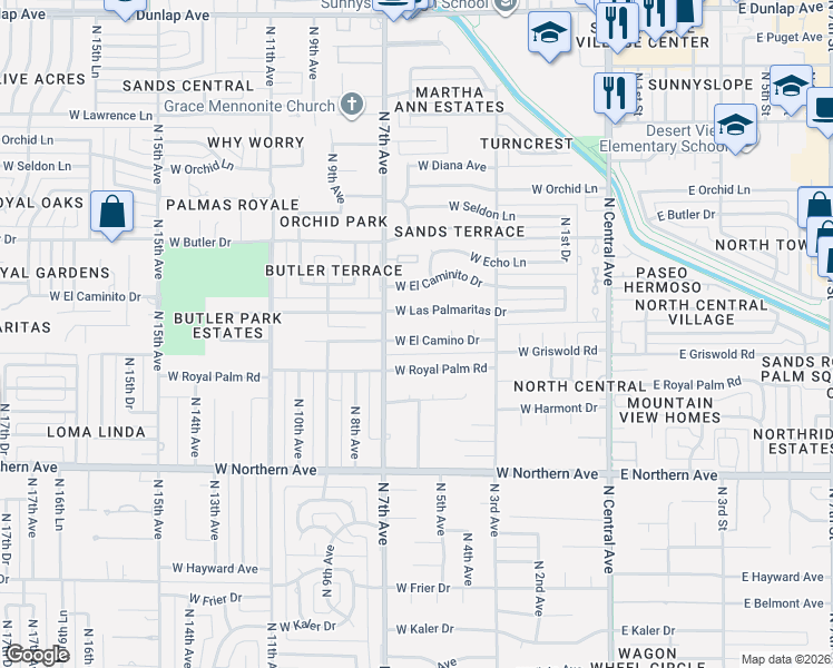 map of restaurants, bars, coffee shops, grocery stores, and more near 537 West Las Palmaritas Drive in Phoenix