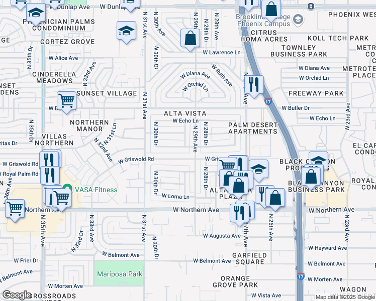 map of restaurants, bars, coffee shops, grocery stores, and more near 8227 North 29th Drive in Phoenix