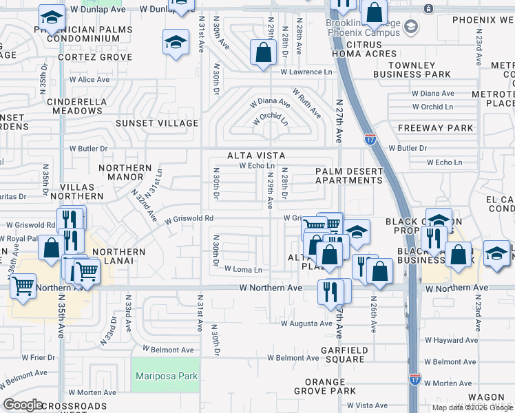 map of restaurants, bars, coffee shops, grocery stores, and more near 8227 North 29th Drive in Phoenix