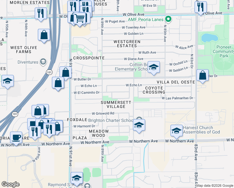 map of restaurants, bars, coffee shops, grocery stores, and more near 8759 West Echo Lane in Peoria