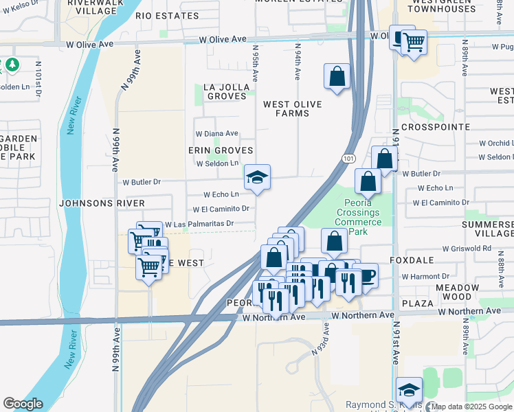 map of restaurants, bars, coffee shops, grocery stores, and more near 8361 N 95th Ave in Peoria