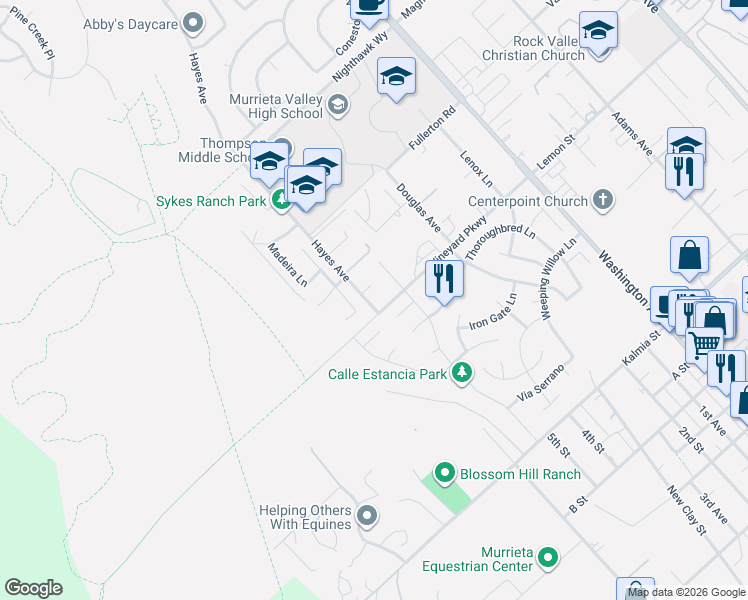map of restaurants, bars, coffee shops, grocery stores, and more near 24273 Luna Brilla Lane in Murrieta