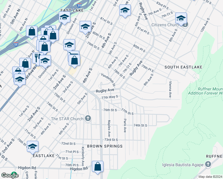 map of restaurants, bars, coffee shops, grocery stores, and more near 7715 7th Avenue South in Birmingham
