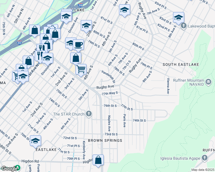 map of restaurants, bars, coffee shops, grocery stores, and more near 7715 7th Avenue South in Birmingham