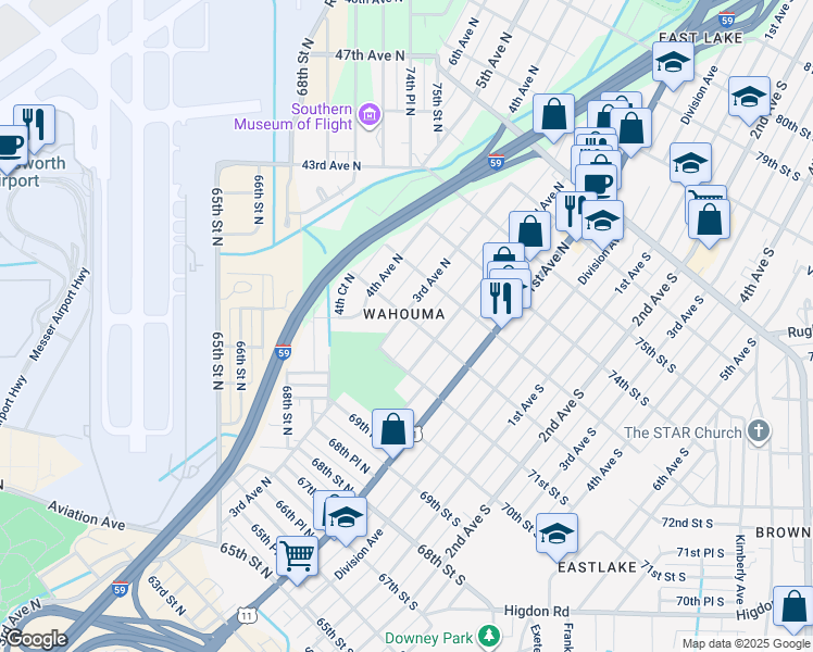 map of restaurants, bars, coffee shops, grocery stores, and more near 7209 3rd Avenue North in Birmingham