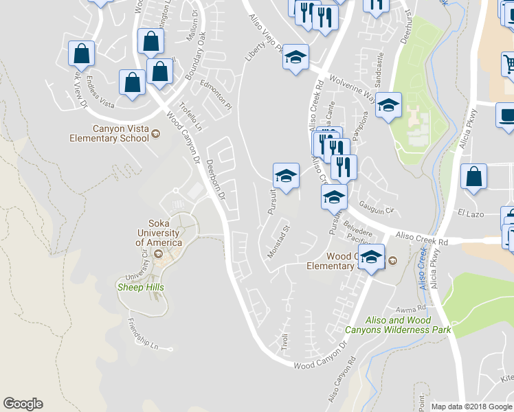 map of restaurants, bars, coffee shops, grocery stores, and more near 64 Rue Du Chateau in Aliso Viejo