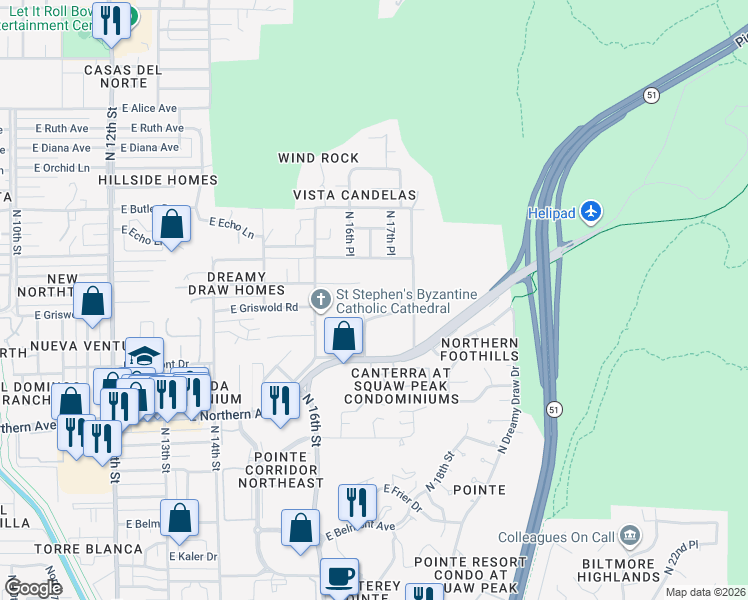 map of restaurants, bars, coffee shops, grocery stores, and more near 1670 East El Camino Drive in Phoenix
