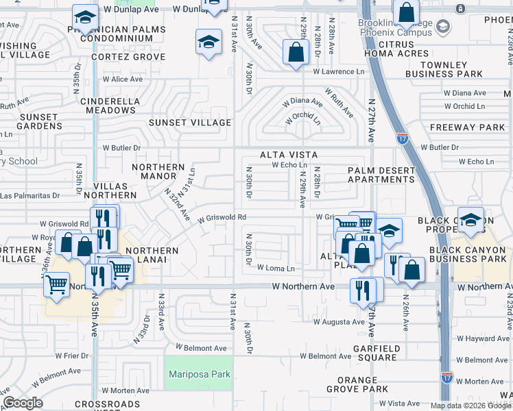 map of restaurants, bars, coffee shops, grocery stores, and more near 3002 West Las Palmaritas Drive in Phoenix
