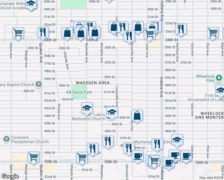 map of restaurants, bars, coffee shops, grocery stores, and more near 3706 40th Street in Lubbock