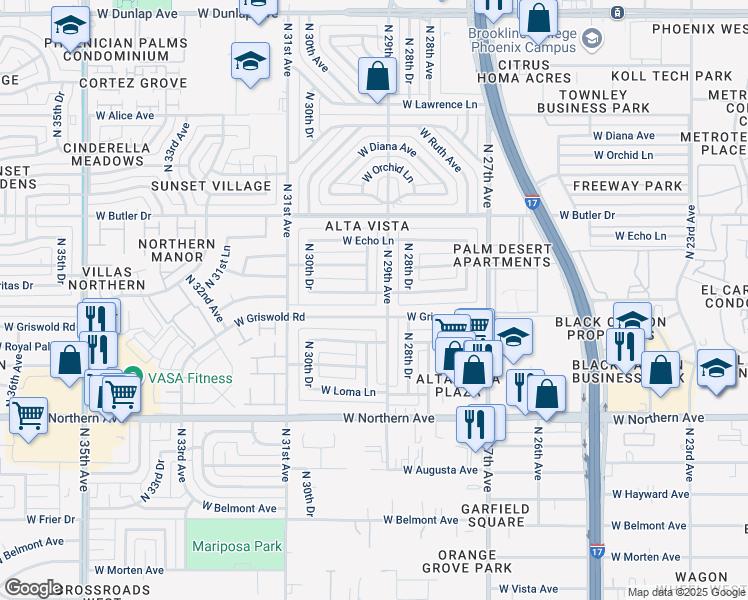 map of restaurants, bars, coffee shops, grocery stores, and more near 8227 North 29th Drive in Phoenix