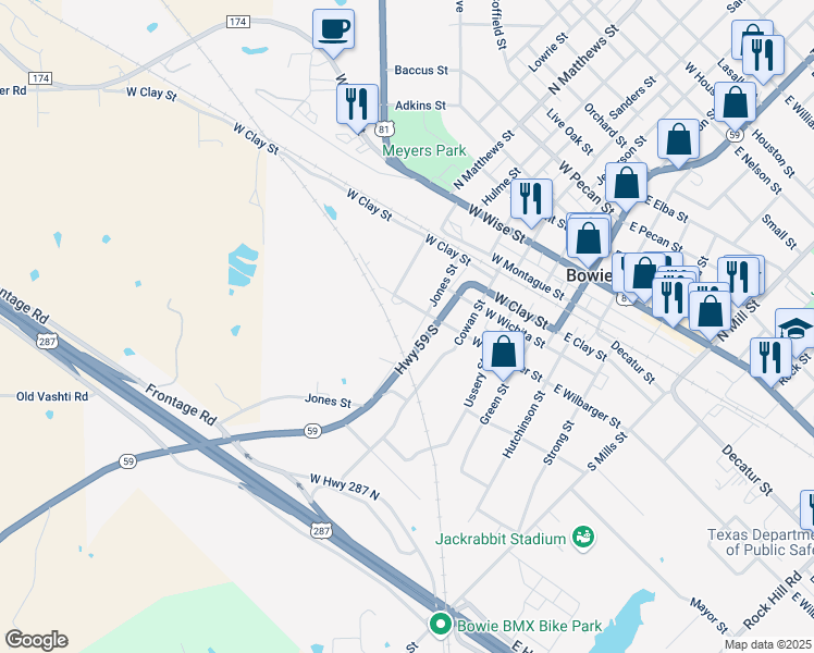 map of restaurants, bars, coffee shops, grocery stores, and more near 501-505 West Wilbarger Street in Bowie