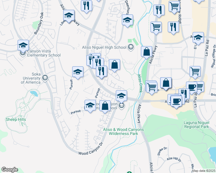 map of restaurants, bars, coffee shops, grocery stores, and more near 33 Gauguin Circle in Aliso Viejo