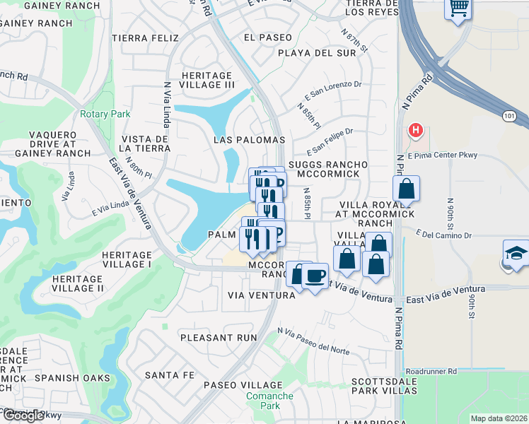 map of restaurants, bars, coffee shops, grocery stores, and more near 8300 North Hayden Road in Scottsdale