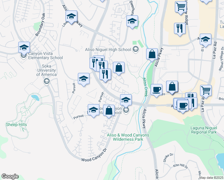 map of restaurants, bars, coffee shops, grocery stores, and more near 33 Gauguin Circle in Aliso Viejo