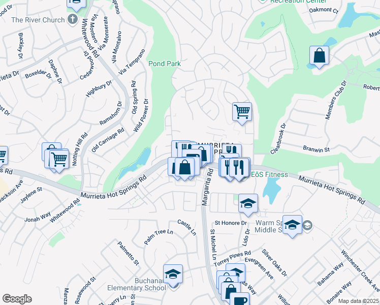 map of restaurants, bars, coffee shops, grocery stores, and more near 28691 Via Las Flores in Murrieta