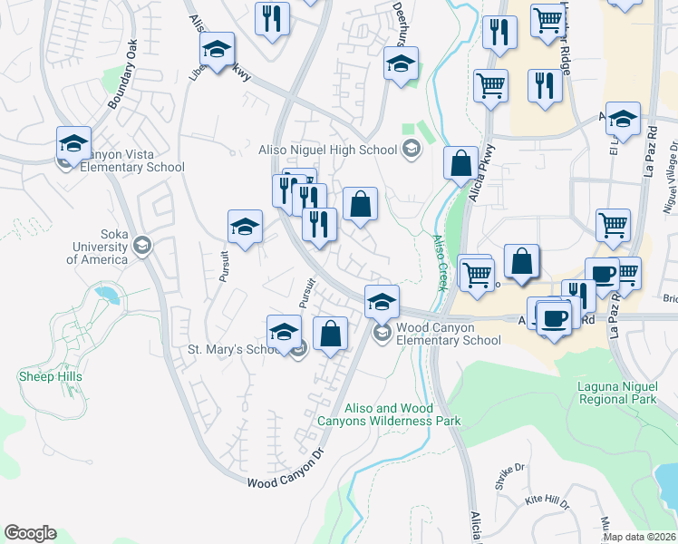 map of restaurants, bars, coffee shops, grocery stores, and more near 33 Gauguin Circle in Aliso Viejo