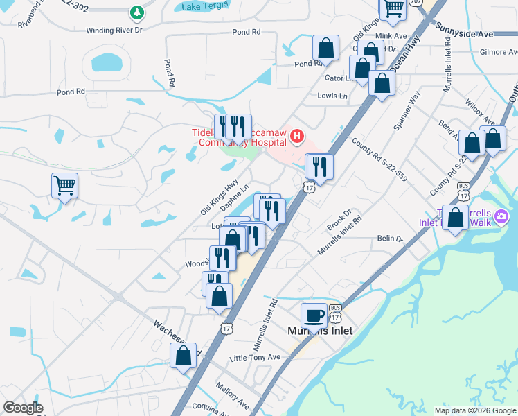 map of restaurants, bars, coffee shops, grocery stores, and more near 4276 Santolina Way in Murrells Inlet
