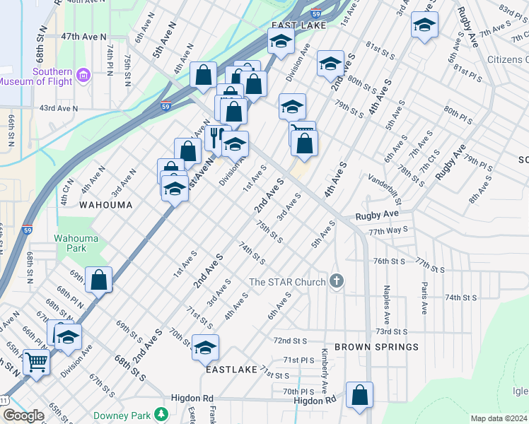 map of restaurants, bars, coffee shops, grocery stores, and more near 7515 2nd Avenue South in Birmingham