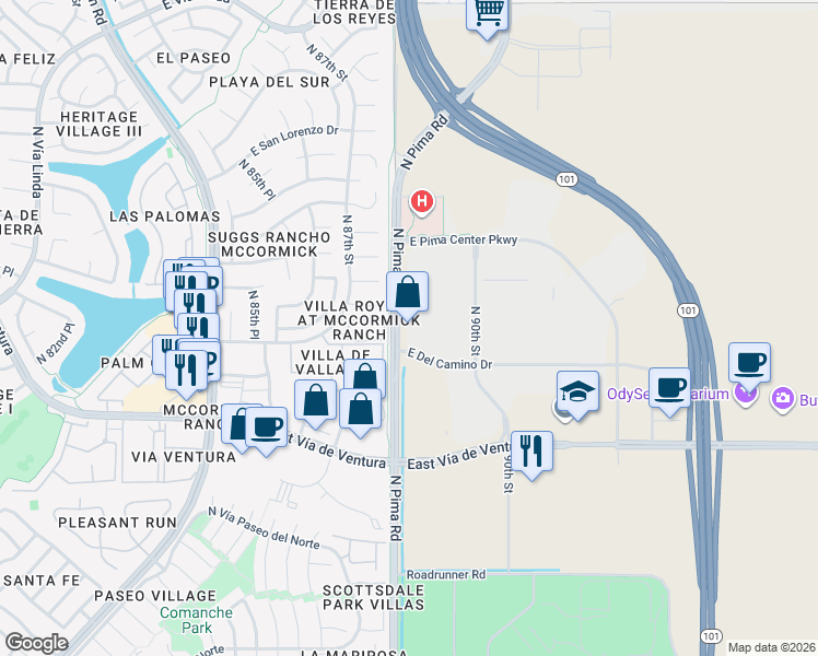 map of restaurants, bars, coffee shops, grocery stores, and more near 8415 North Pima Road in Scottsdale
