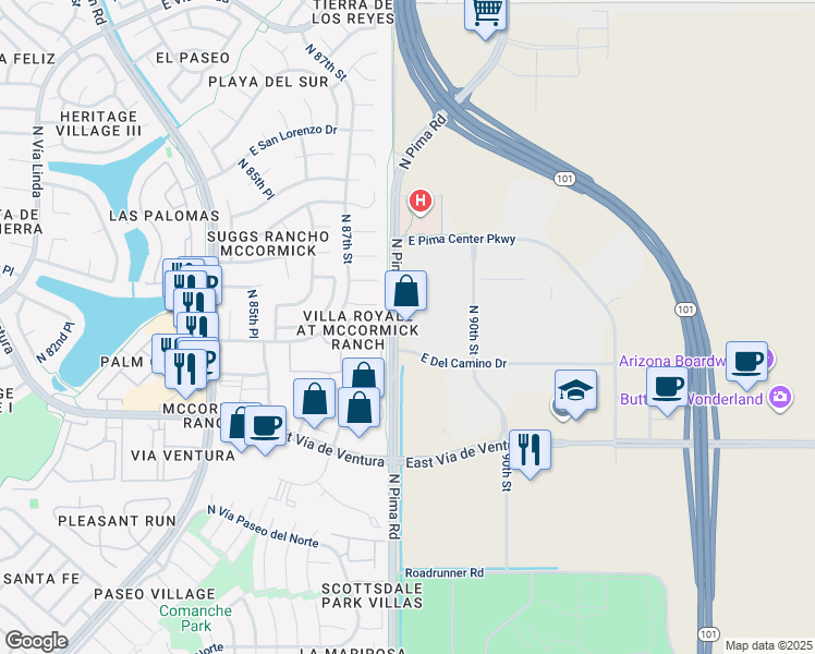map of restaurants, bars, coffee shops, grocery stores, and more near 8415 North Pima Road in Scottsdale