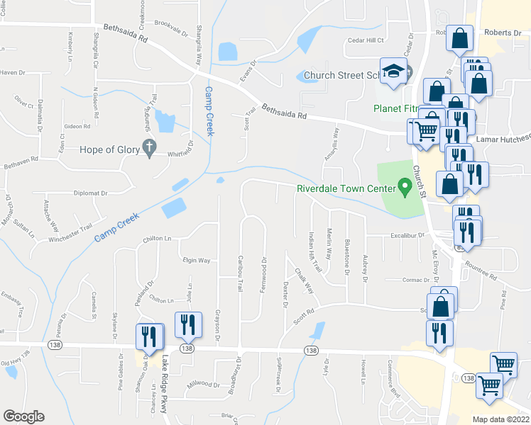 map of restaurants, bars, coffee shops, grocery stores, and more near 7254 Fernwood Drive in Riverdale
