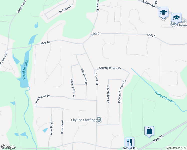 map of restaurants, bars, coffee shops, grocery stores, and more near 575 East Country Woods Drive in Covington