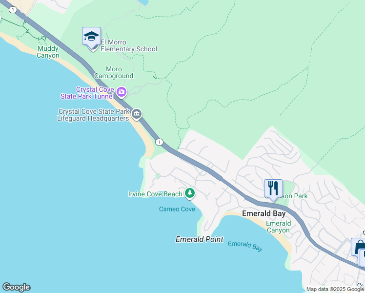 map of restaurants, bars, coffee shops, grocery stores, and more near 105 Irvine Cove Court in Laguna Beach