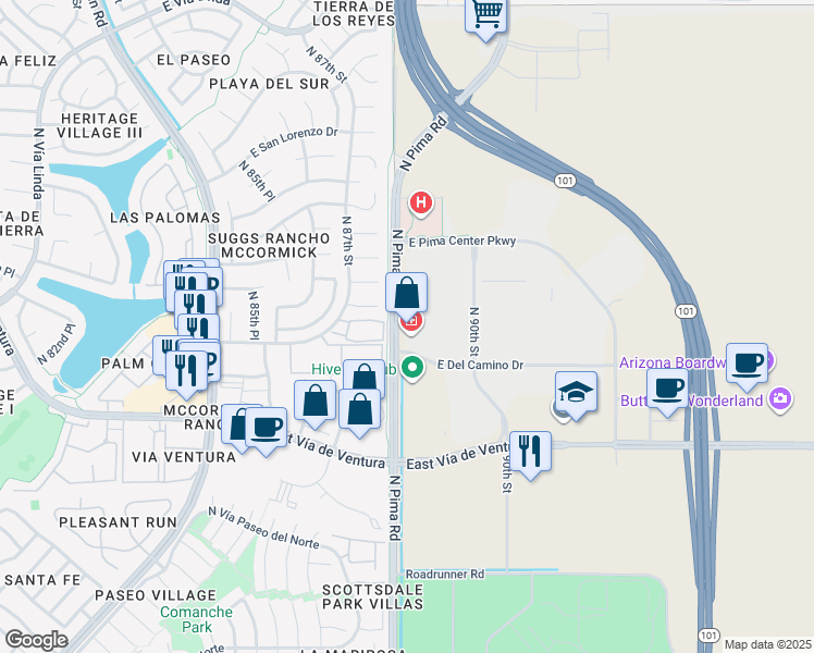 map of restaurants, bars, coffee shops, grocery stores, and more near 8415 North Pima Road in Scottsdale