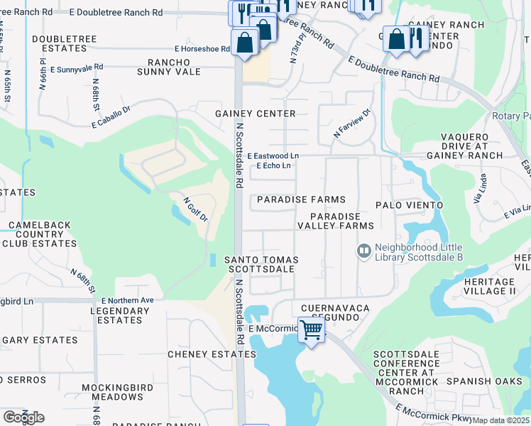 map of restaurants, bars, coffee shops, grocery stores, and more near 7285 East Las Palmaritas Drive in Scottsdale